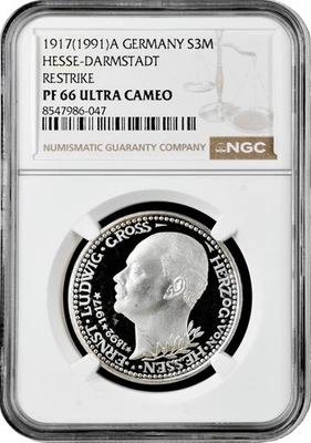 Hesse-Darmstadt 3 mark 1917 (1991) A, NGC PF66 UC RESTRIKE, "Accession" Top Pop - Image 1 of 2