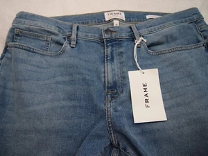 Pantalones de mezclilla ajustados de algodón elásticos L'Homme nuevos con etiquetas $198 36 x 33 palmas azules - Imagen 1 de 15