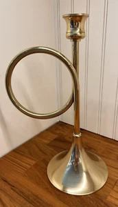 Vintage Solid Brass French Horn 10" Candle Holder Made in Hong Kong - Picture 1 of 8