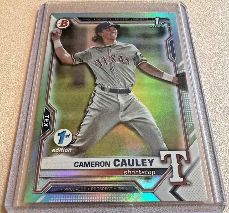CAMERON CAULEY 2021 Bowman First Edition 1st Rookie - Rangers - SKY BLUE FOIL RC - Image 1 of 2