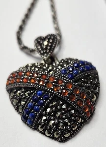 Vintage 1990's Sterling Silver Blue & Red Stone & Marcasite Heart Shape Pendant - Picture 1 of 20