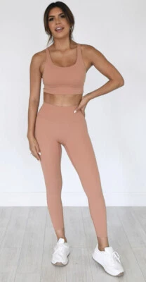 Pink Lily NUEVO Conjunto de Entrenamiento Atlético MED (Talla 6) Leggings Sujetador Corto Top Beige Tostado Foto 1 de 4