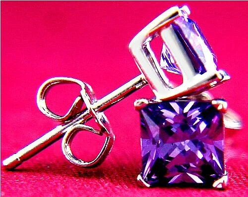 Sterling Silver Rhodium Plated Women Princess Cut Amethyst 3.3 CT CZ Stud - Image 1 of 4