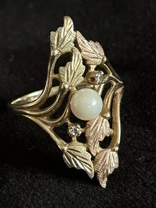 10K Yellow Gold Black Hills Gold Leaves & White Pearl + Diamonds Ring Sz 8 WOW! - Picture 1 of 10