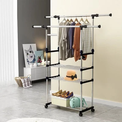 3 layers 2 polesHeavy Duty Metal Clothes Rail Storage Garment Shelf Display rack - Image 1 of 4