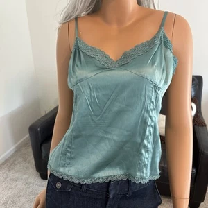 Camiseta sin mangas ECI 100 % seda con cuentas verde hadas cami talla 12 Y2K romántica babydoll de colección - Imagen 1 de 9