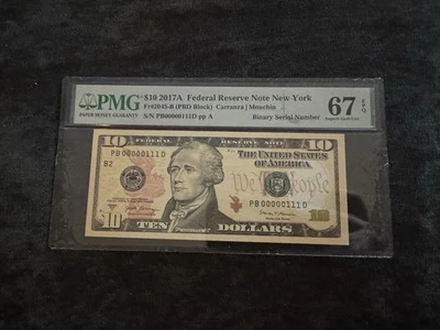 2017A $10 FRN - PMG 67 EPQ - Three Digit Low Serial - True Binary PB 00000111 D - Image 1 of 2