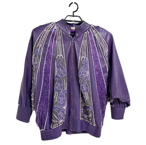 Vintage 80er lila Lederjacke Pailletten Paisley Stickerei Jacke Gr. L - Bild 1 von 15