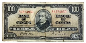 1937 $100 One Hundred Dollars Bank of Canada Currency Note Circulated with Tear - Picture 1 of 4