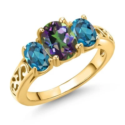 2.78 Ct Green Mystic Topaz London Blue Topaz 18K Yellow Gold Plated Silver Ring - Image 1 of 4