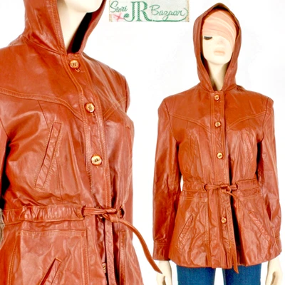 M винтажный 1960-х Sears Jr базар ржавчины оранжевый кожаная куртка пальто подпоясанный капюшон 60-х - Изображение 1 из 4