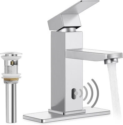 HOMIKIT Touchless Bathroom Sink Faucet with Pop Up Drain & Deck Plate, Matte Silver