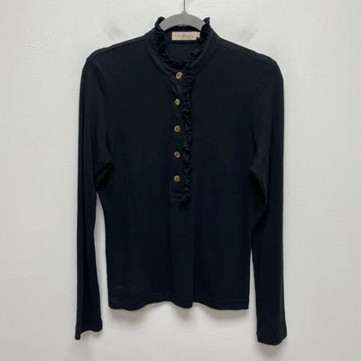 Tory Burch Womens Black Long Sleeve Ruffle Pima Cotton Blend Lidia Polo Shirt M - Image 1 of 4