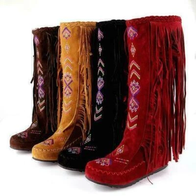 Retro Women Tassels Floral Embroidery Pull On Mid Calf Boots Ethnic Casual Shoes - Image 1 of 4