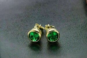 4Ct Round Green Emerald Lab-Created Solitaire Stud Earrings 14K Yellow Gold FN