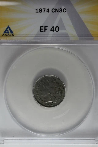 `1875  .03  ANACS  F 12   Three Cent Nickle, Liberty Three Cent Piece Cover