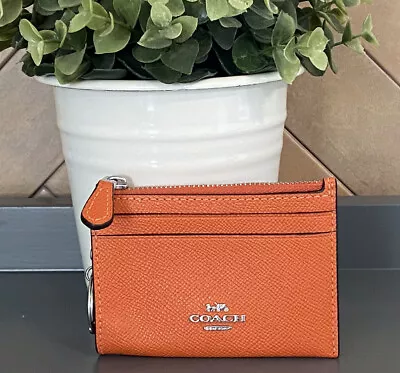 COACH 88250 Mini Skinny Id Card Case Crossgrain Leather Wallet Bright Orange/SV • 48€