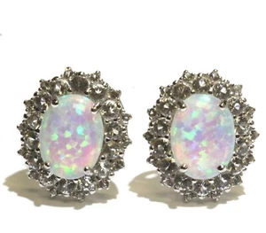 925 sterling silver created opal white topaz halo stud womens earrings 2.8g - Picture 1 of 6