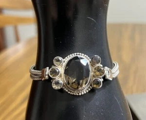 Vintage 925 Sterling Silver Smokey Quartz Stone Bracelet - Picture 1 of 10