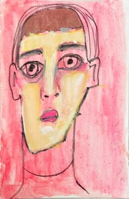 Outsider Naive Portrait Painting Emotional Boy Cartoon Watercolor Art - Image 1 of 4