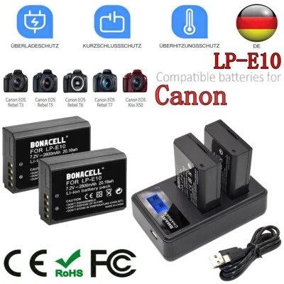 BONACELL 2x LP-E10 Akku Für Canon EOS 4000D, 2000D, 1300D 1200D 1100D Kiss X50 +Ladegerät