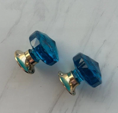 Vintage Brass Victorian Cut Glass Blue Knob Handle Spindle for Door Cupboard 2x - Image 1 of 4