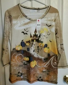 Camiseta para mujer Halloween esqueleto calabazas cementerio talla S M NUEVA - Imagen 1 de 2