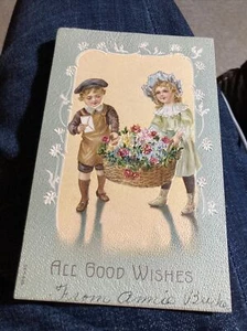 All Good Wish Greeting Card - children holding flower basket postcard - Picture 1 of 2
