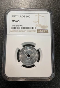 1952 MS65 Laos 10 Cents NGC UNC KM 4 Single Year Type Coin only 2 Graded higher - Picture 1 of 2