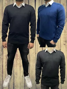 Mens Plain Sweatshirt Knitwear Sweater Jumper V Neck Long Sleeve Tops S-3XL 44-6 - Picture 1 of 21