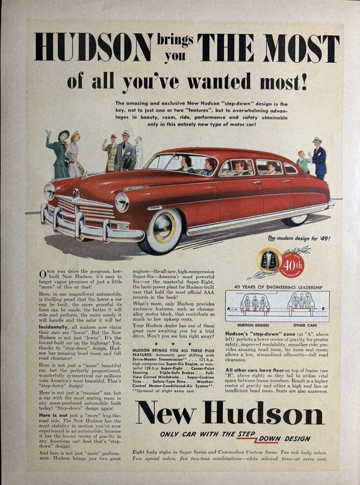 1949 Hudson Car Modern Design New Step Down Beauty Room Red Vintage Print Ad - Image 1 of 1
