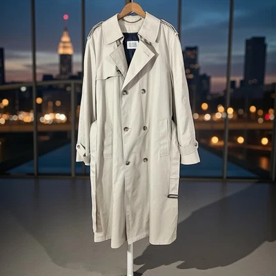 Trench coat Bill Blass vintage para hombre 42L caqui doble pecho forrado con cinturón EE. UU. Foto 1 de 4