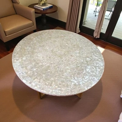Round Coffee Table Mother of Pearl Handmade Real Gemstone Console Countertop Dec - Image 1 of 4