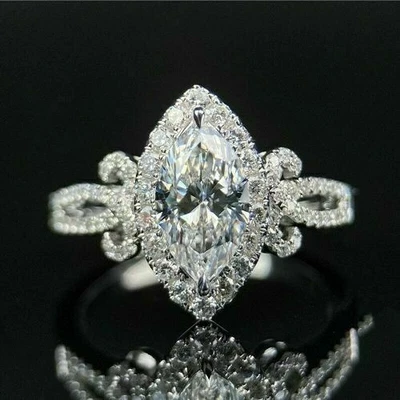 Anillo de compromiso de diamantes de 3,50 quilates de corte marquesa creado en laboratorio de plata de ley 925 Foto 1 de 4