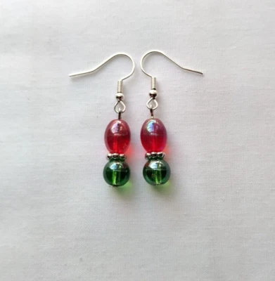 Brincos de vidro verde vermelho feitos à mão tom prata feitos à mão venda de Natal - Imagem 1 de 4