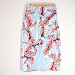 C/MEO Collective Pencil Midi Skirt Size S Baby Blue Faux Wrap Bold Floral Slit - Picture 1 of 10