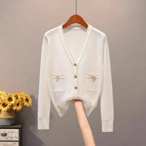 Women's Autumn Long Sleeves Cardigan Sweaters Outerwear V-Neck Chic Knitted Tops - Picture 1 of 14