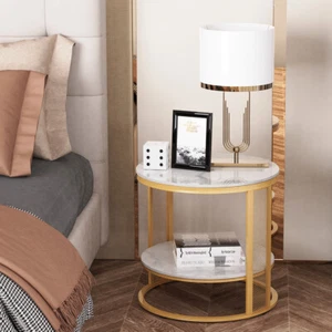 Heavy Duty Round Marble Side Table Bedside Nightstand End Tables 2-tier Storage - Picture 1 of 18