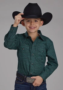 Roper Kids Boys Vintage Paisley Green 100% Cotton L/S Shirt - Picture 1 of 4