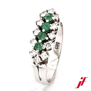 Anillo Clásico 585/14K Oro Blanco Esmeraldas Diamantes Octogonal Tamaño 52,5 - Imagen 1 de 3