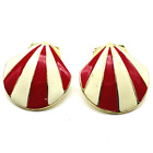 Red White Striped Earrings Pierced Shell Shape Gold Tone Beach Coastal Islands