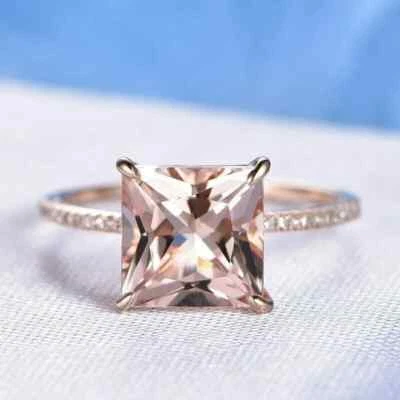 3 CT Solitaire Princess Cut Morganite Women's Engagement Ring 14K Rose Gold Over - Image 1 of 4
