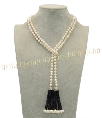 Collar bufanda colgante borla espinela negra perla de agua dulce blanca natural de 7-8 mm Foto 1 de 4