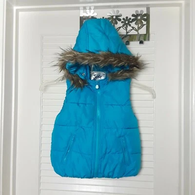 Chaqueta Chaleco JUSTICIA Azul Puffer Hinchado Sin Mangas Desmontable Piel Capucha Talla 6/7 Foto 1 de 4