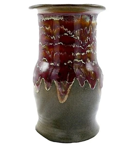 Tropfglasur Vase Utensilienhalter 9" Studio Kunstkeramik rot braun gerader Rand - Bild 1 von 8