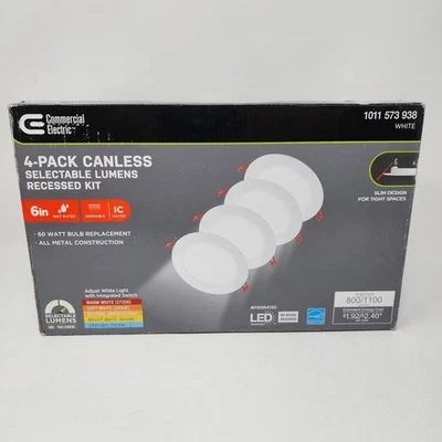Commercial Electric 6" LED Canless Recessed Light Adjustable CCT & Lumen, 4 Pack - Image 1 of 4