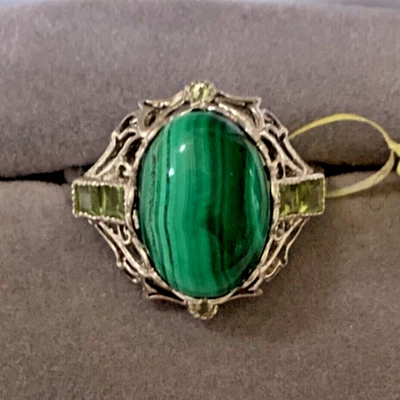 Anillo genuino de platino de plata de ley 925 de malaquita y peridoto talla 9 nuevo con etiquetas Foto 1 de 4