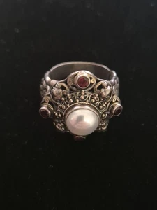 Bali Designs by Robert Manse White Mabe' Pearl & Garnet Sterling Silver Ring- 11 - Picture 1 of 11