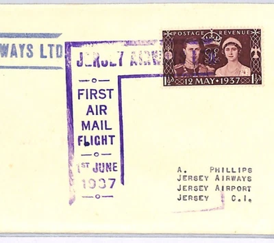 JERSEY AIRWAYS FIRST FLIGHT Cover 1937 GB KGVI CORONATION Channel Islands XG132 - Image 1 of 4