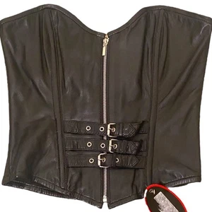 New! Black Leather Zip Up Lace Up Corset with Buckle Detail - Picture 1 of 3